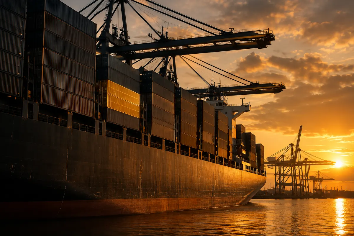 Container ship at port during golden hour with one golden container standing out