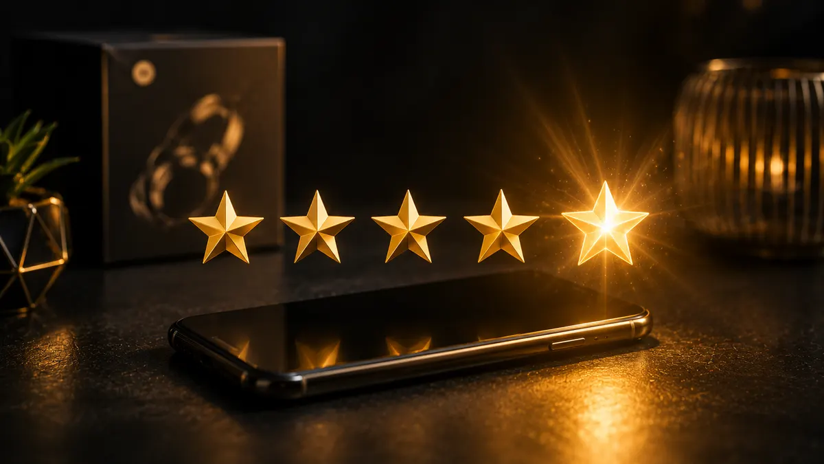 Five golden stars floating above a smartphone, the fifth star glowing brightest