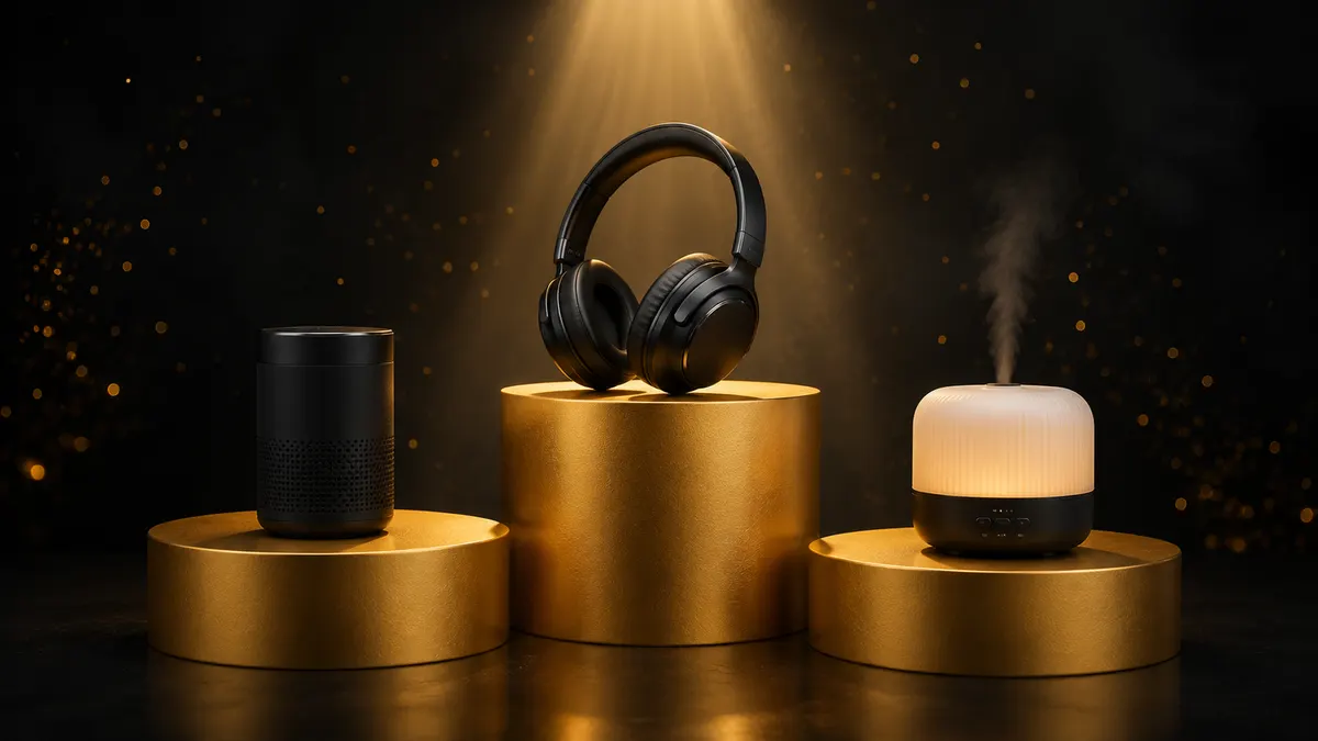 Three premium products on golden pedestals with a spotlight on the winner