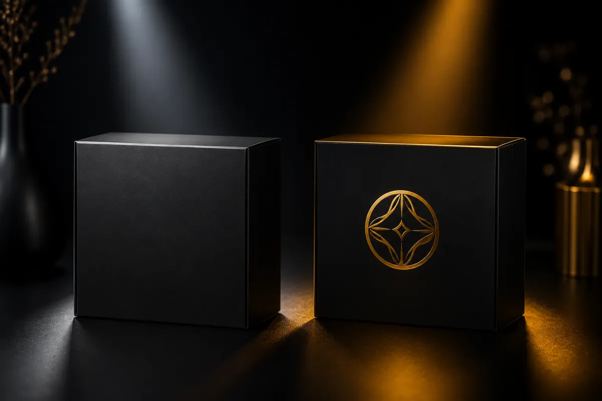 Unbranded black box beside an identical box with an elegant gold emblem under a spotlight