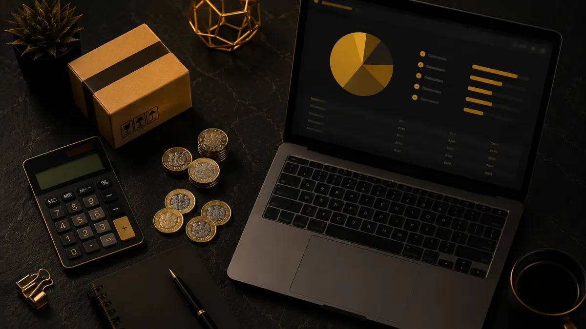 Calculator, pound coins and a shipping box beside a laptop showing a cost breakdown chart