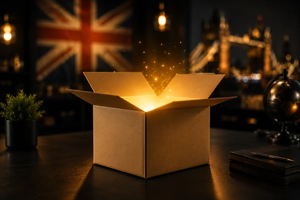 Cardboard box glowing gold — starting Amazon FBA in the UK