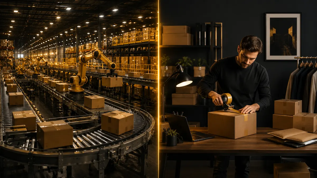 Split scene of an automated Amazon warehouse beside a home office where a seller packs parcels