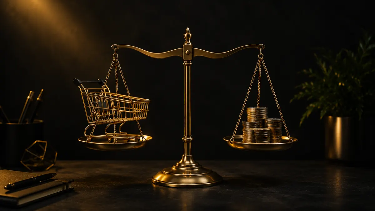 Brass weighing scale balancing a golden shopping cart against a stack of pound coins