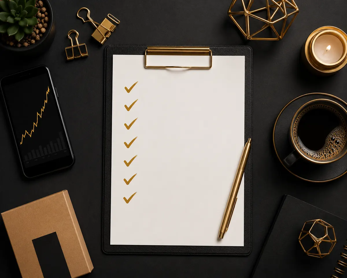 Launch checklist flat-lay with gold pen and shipping box