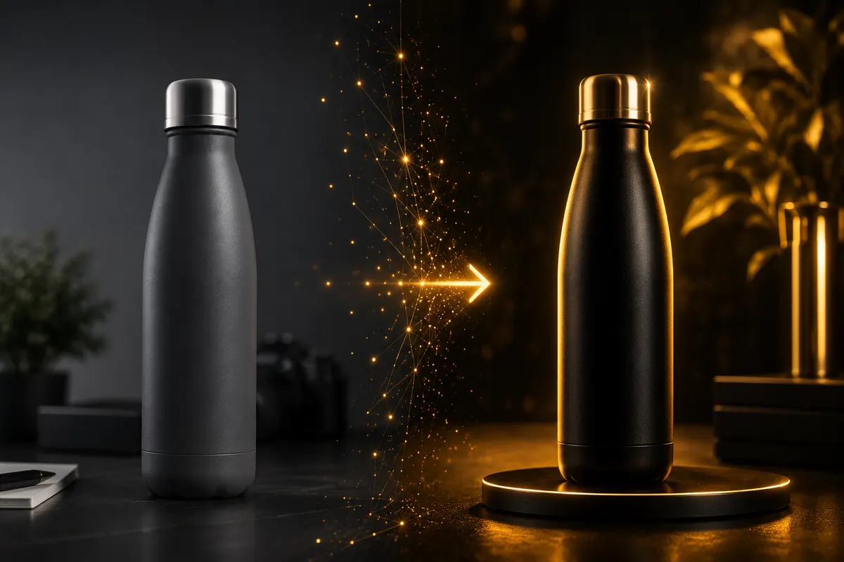 Dull product photo transforming into a premium golden-lit product photo