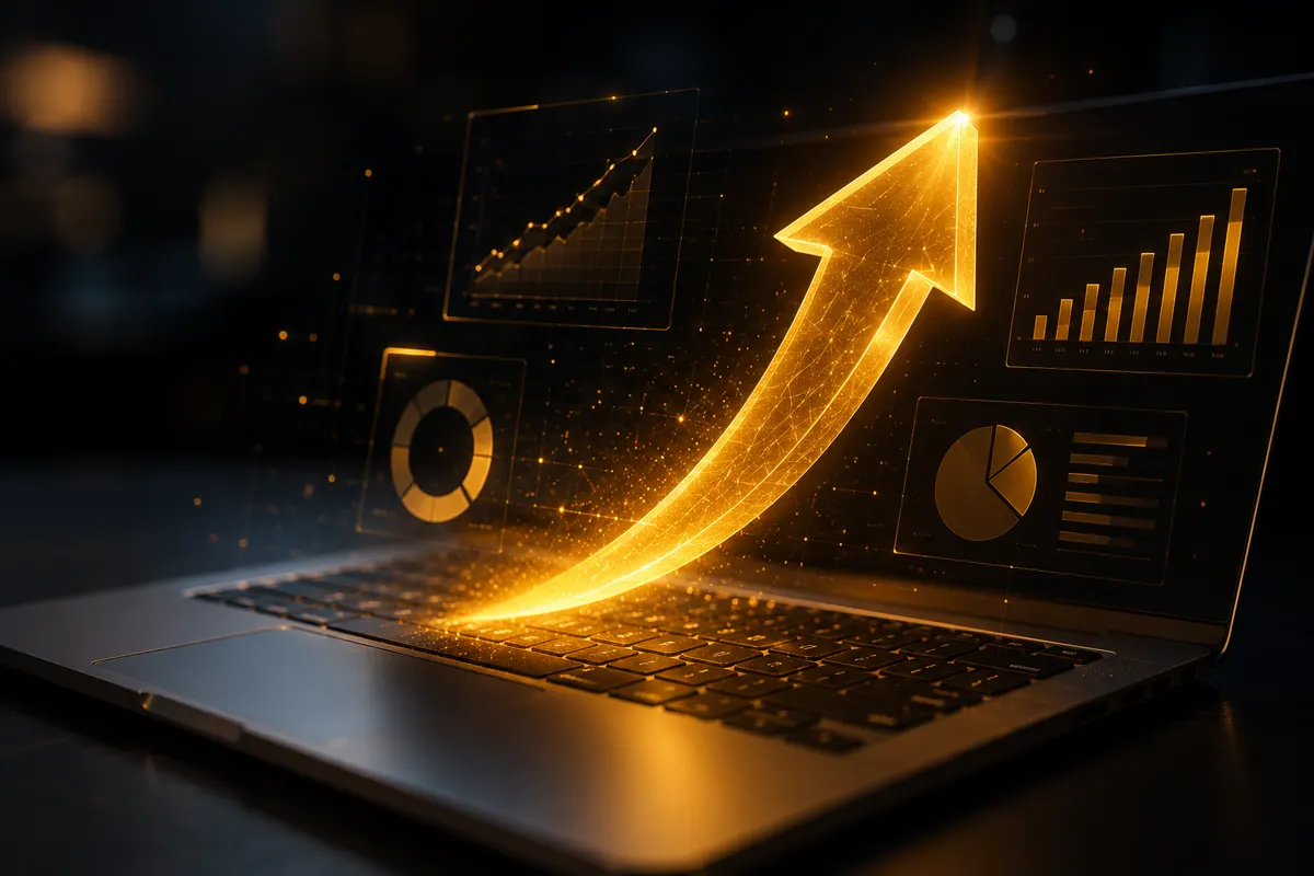Golden upward arrow rising from a laptop — Amazon PPC growth