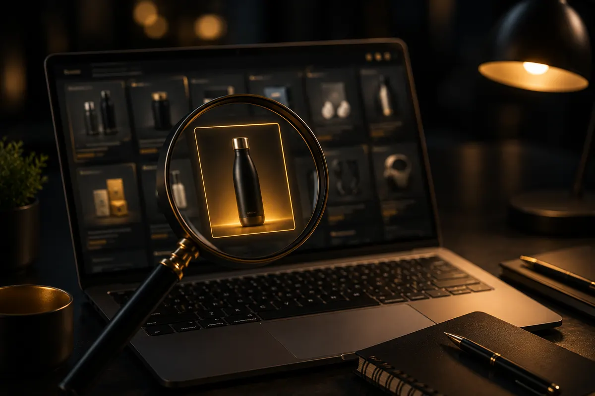 Magnifying glass over a laptop screen highlighting a winning product