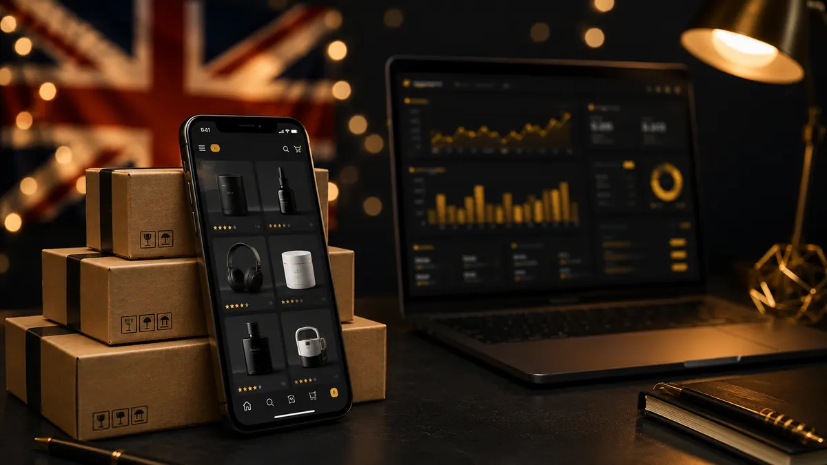 Smartphone showing a shopping app on a stack of parcels with a seller dashboard behind