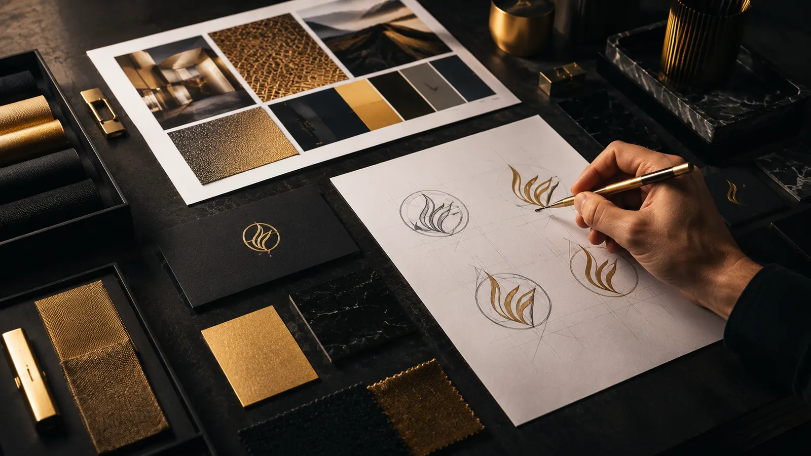 Brand identity design moodboard with gold and black colour palette for a new Amazon brand