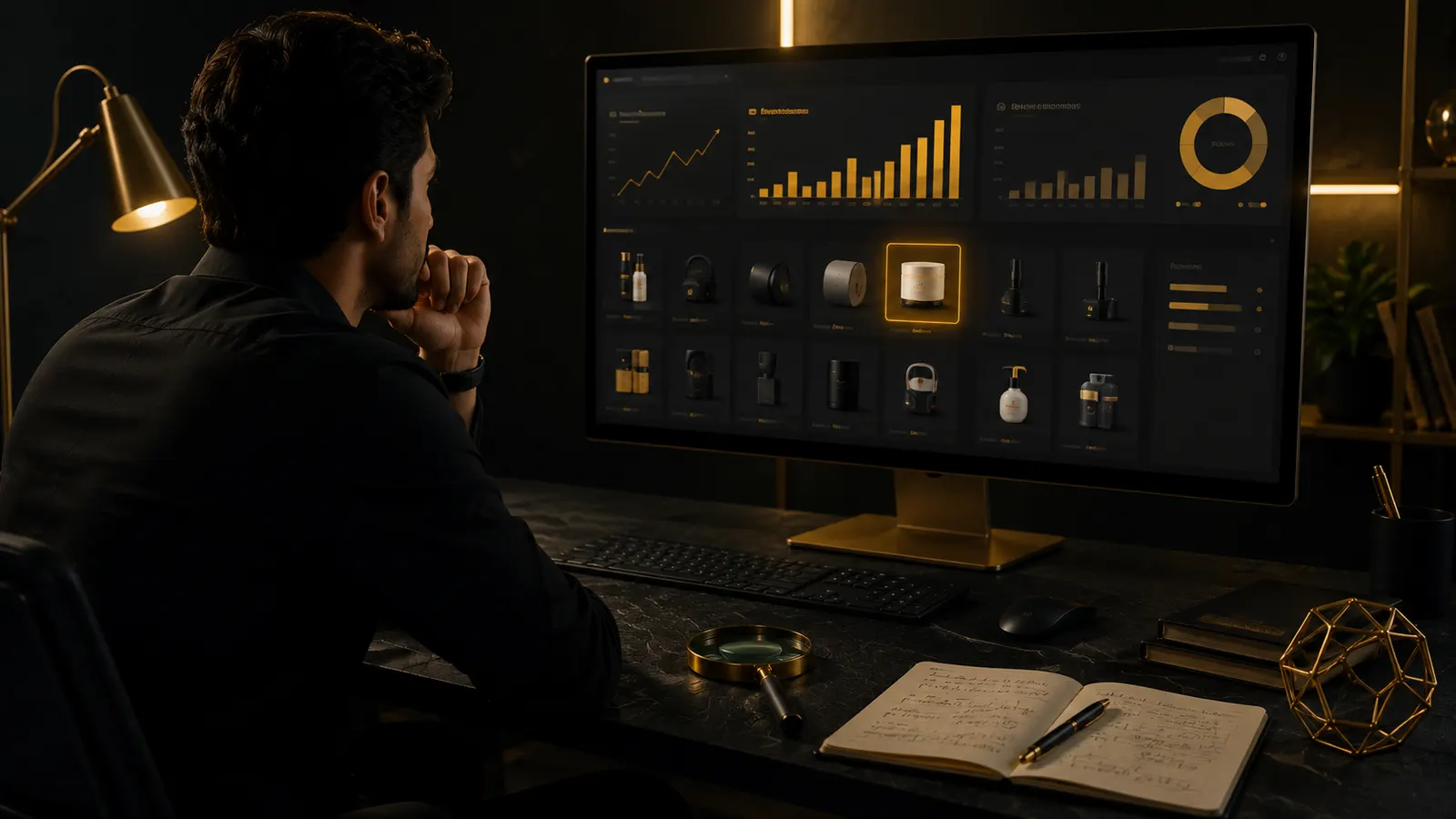 Analyst reviewing an Amazon product research dashboard with golden charts