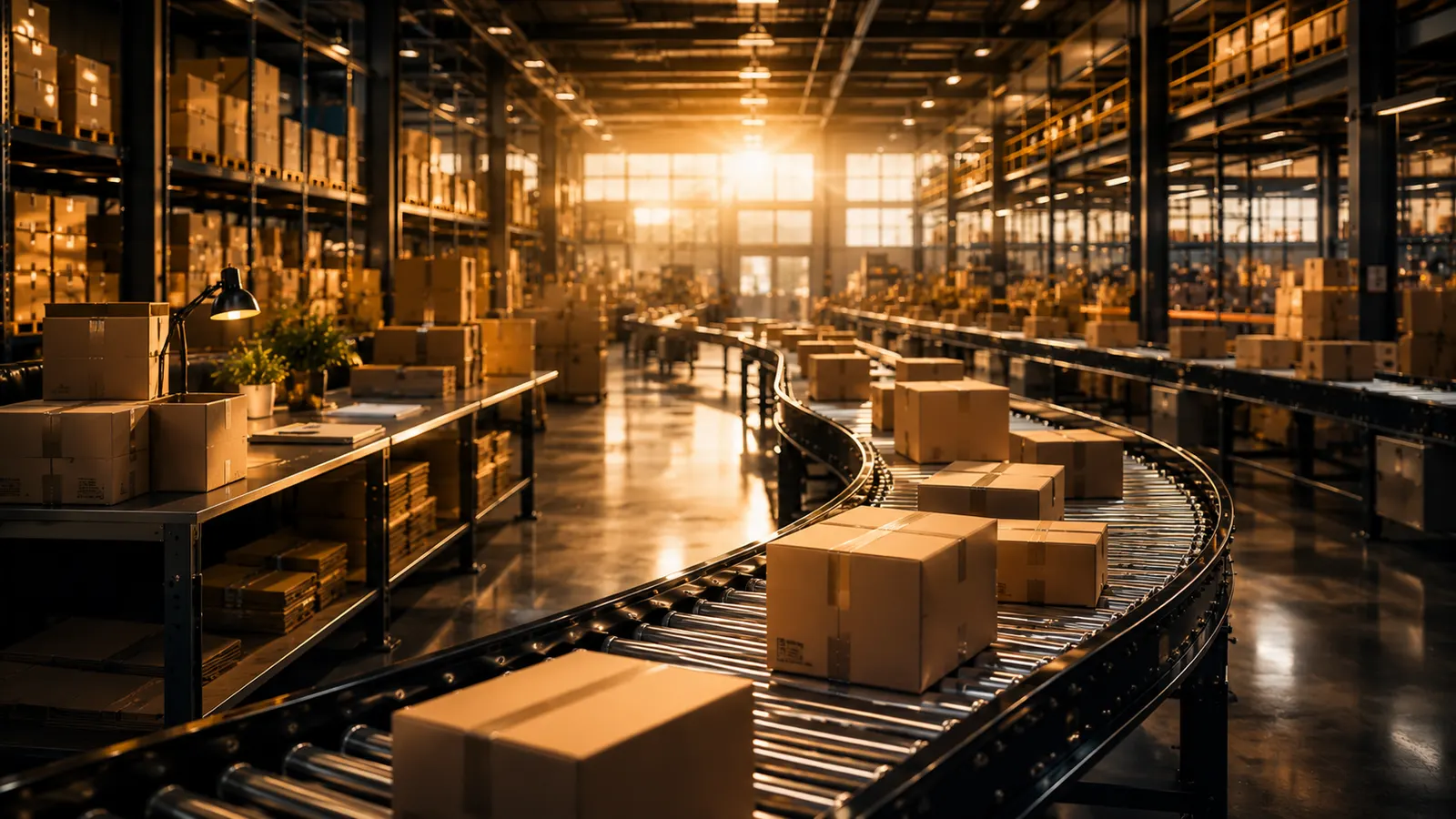 Amazon FBA fulfilment warehouse with organised shipping boxes